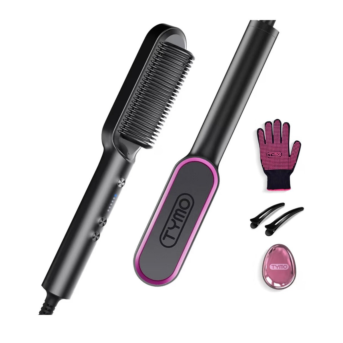 Cepillo Alisador de Pelo con anillo TYMO, peine alisador de pelo para mujeres con 5 temperaturas 20s de calentamiento rápido y doble voltaje, negro