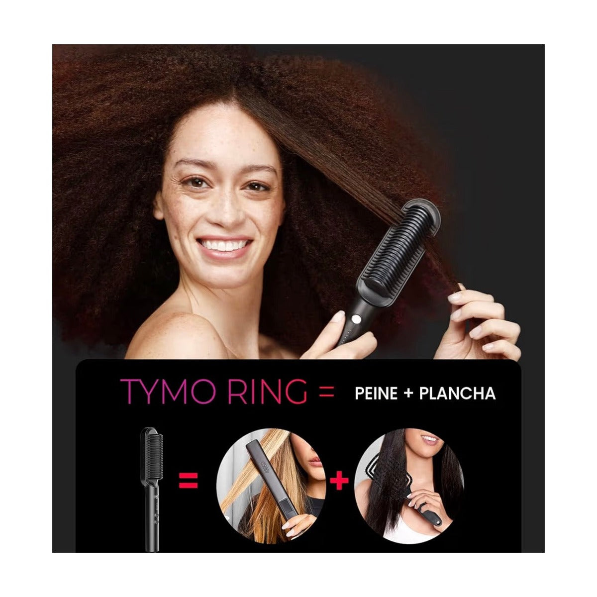 Cepillo Alisador de Pelo con anillo TYMO, peine alisador de pelo para mujeres con 5 temperaturas 20s de calentamiento rápido y doble voltaje, negro