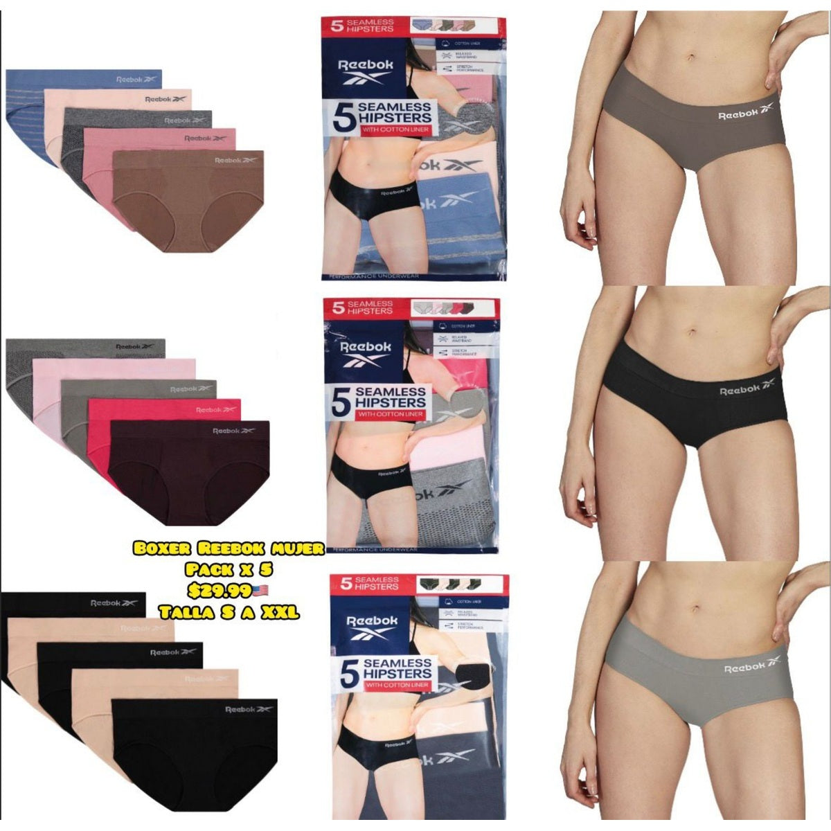 Pack x5 panties Reebok para mujer
