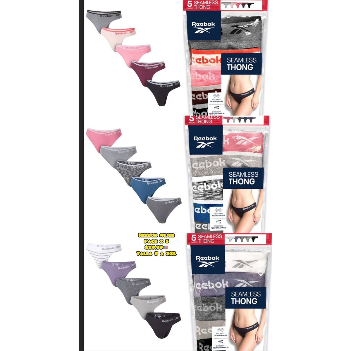 Pack x5 tangas Reebok para mujer