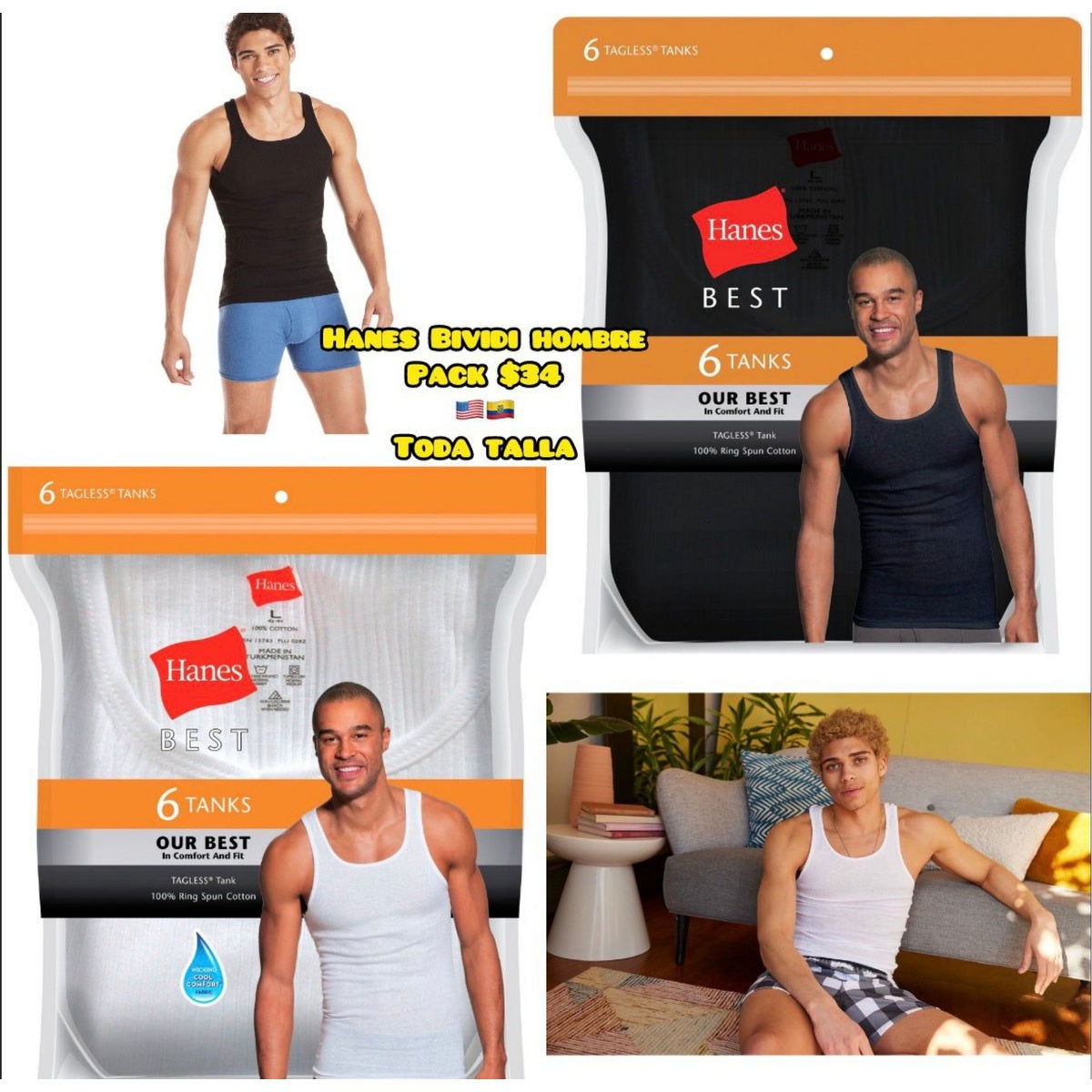 Pack x6 camisetas interiores Hanes para hombre