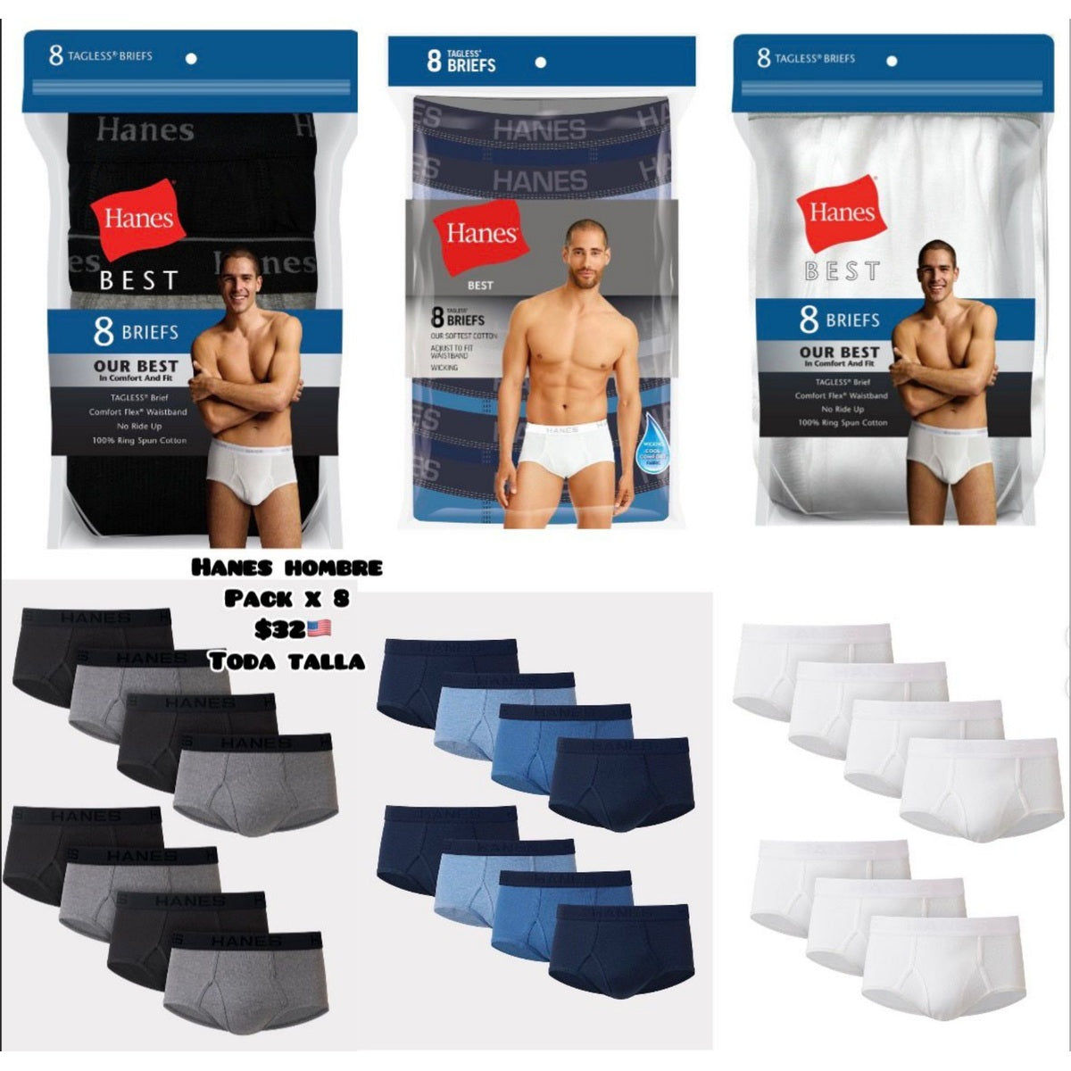 Pack x8 briefs Hanes para hombre