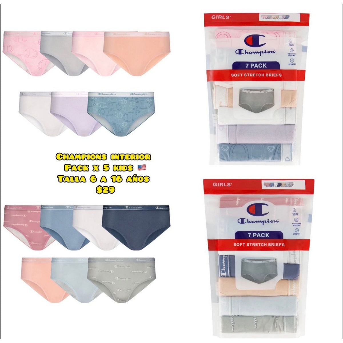Pack x5 panties Champion para niña