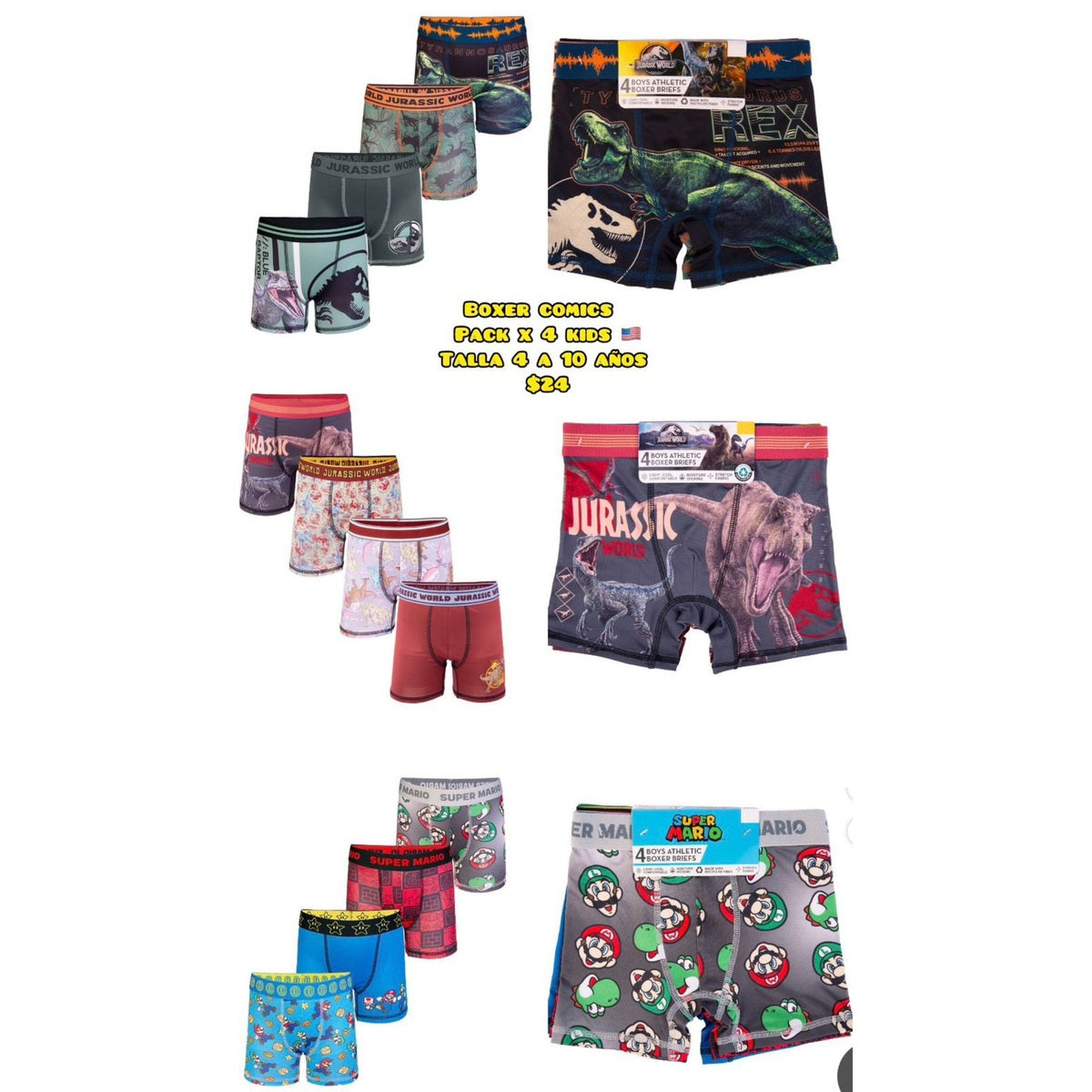 Pack x4 bóxeres de personajes para niño