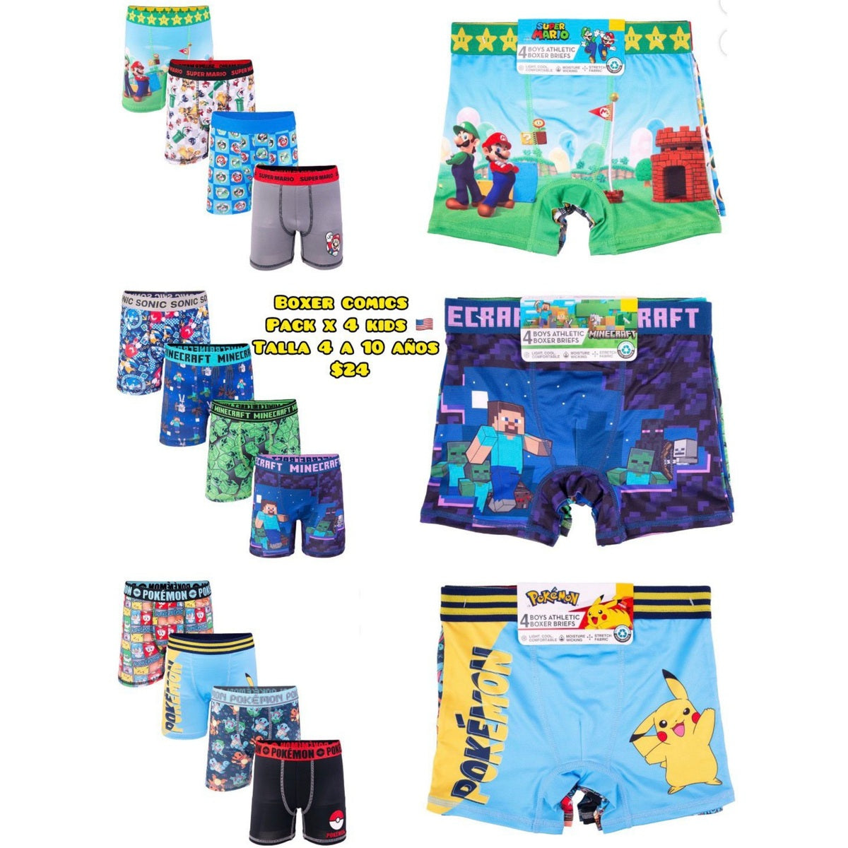 Pack x4 bóxeres de cómics para niño