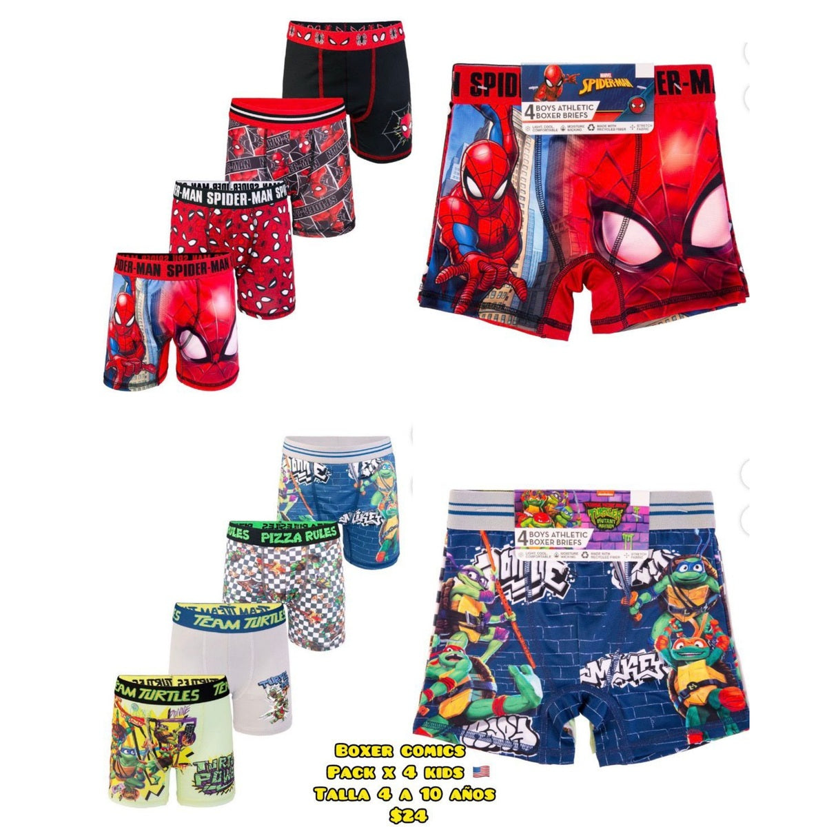 Pack x4 bóxeres de personajes para niño