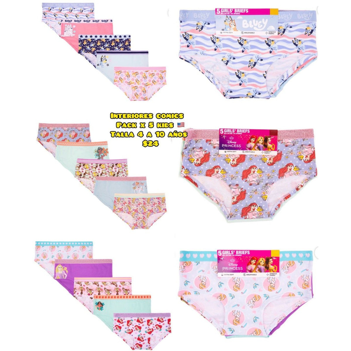 Pack x5 panties de princesas para niña