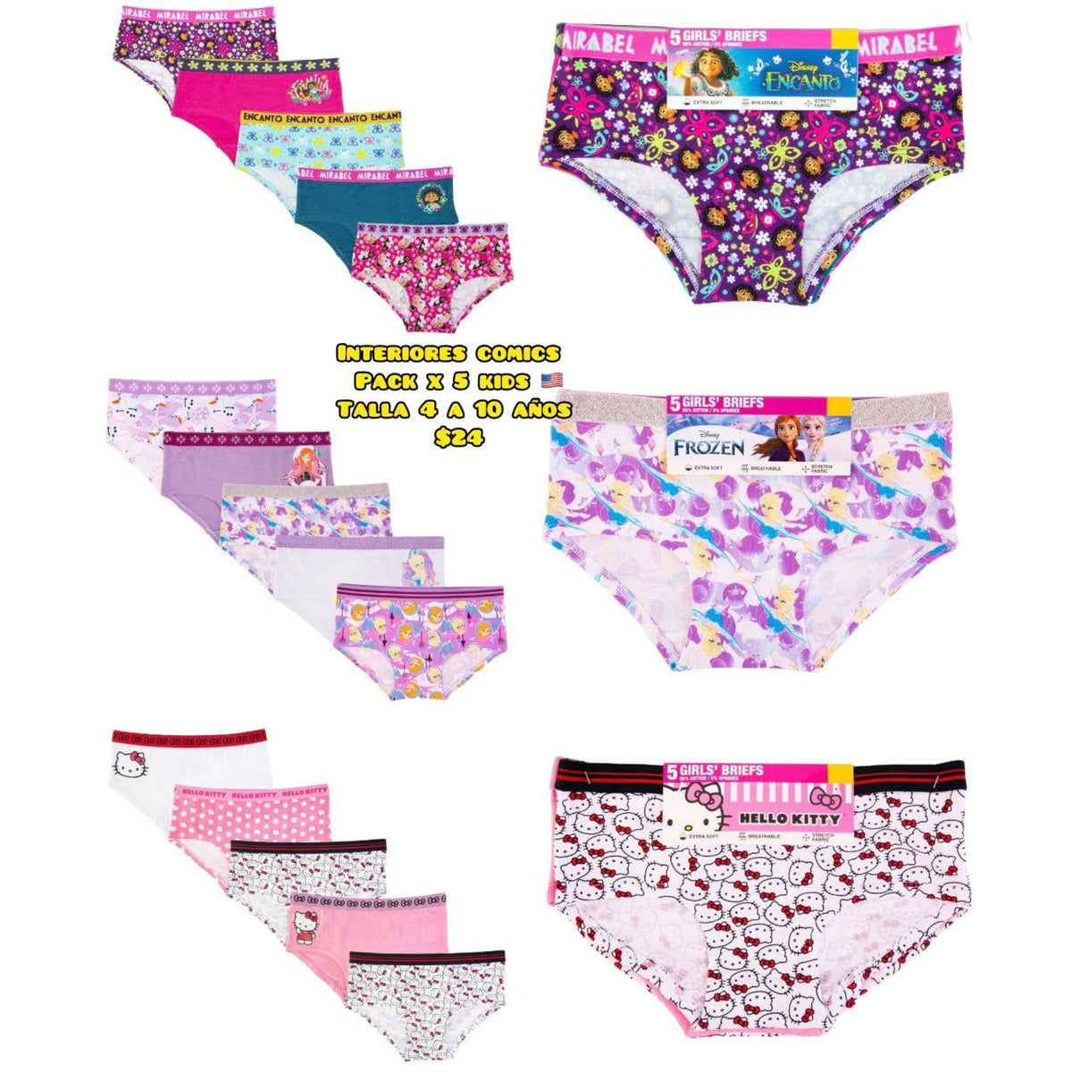Pack x5 panties de personajes para niña