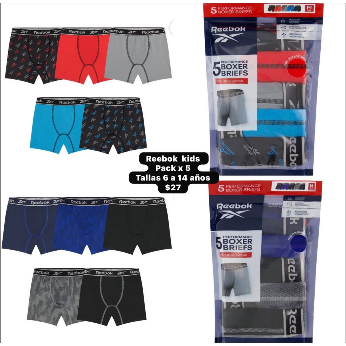 Pack x5 bóxeres Reebok para niño