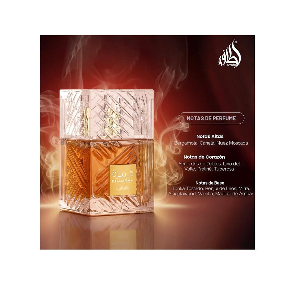 Lattafa Khamrah - Vainilla, picante cálido, ámbar, canela - Perfume Eau de Parfum de larga duración, 3.40 onzas / 100 ml