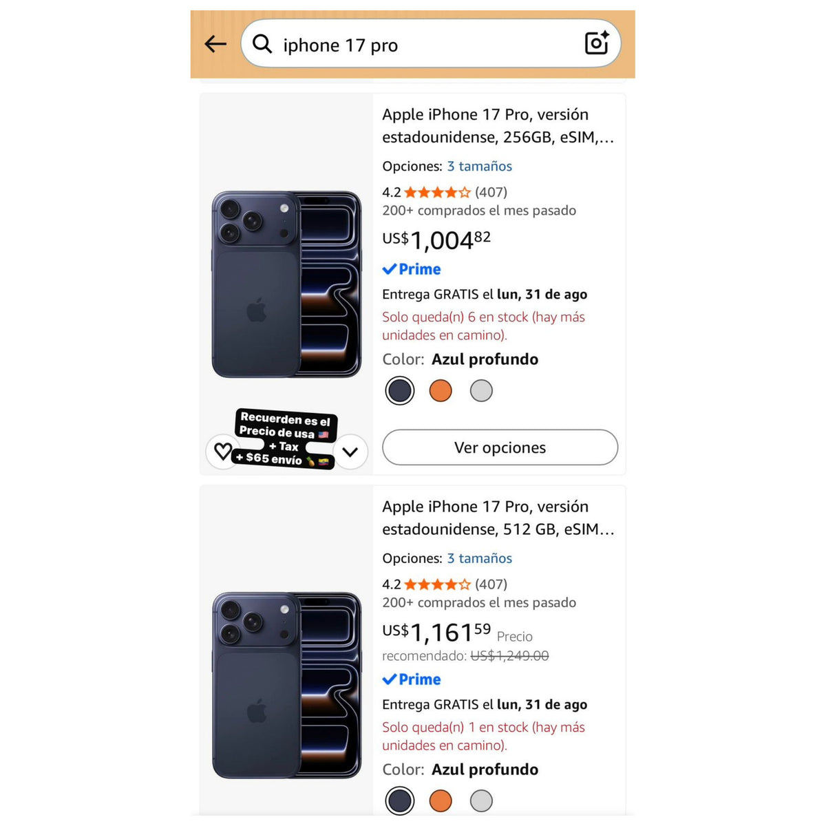 iPhone 17 Pro - Precio USA + Tax + $55 envío