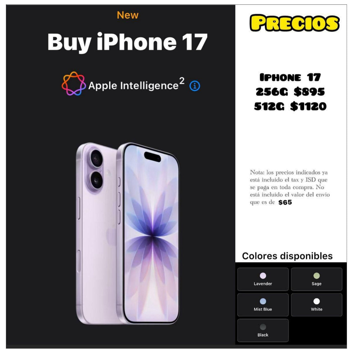 iPhone 17 - Precio USA + Tax + $55 envío