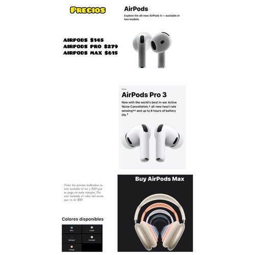 AirPods, AirPods Pro y AirPods Max - Precio USA + Tax + $55 envío