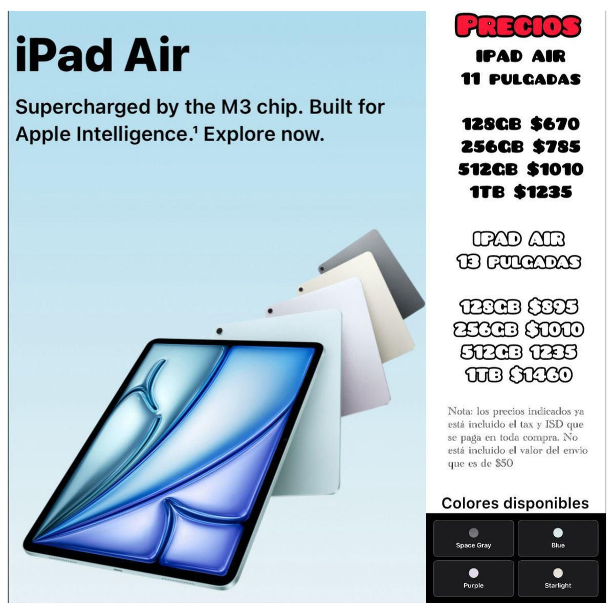 Apple iPad Air - Precio USA + Tax + $55 envío