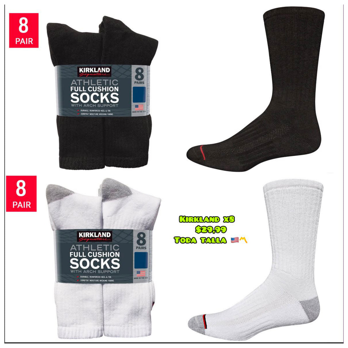 Kirkland Signature Pack x8 medias deportivas - Hombre