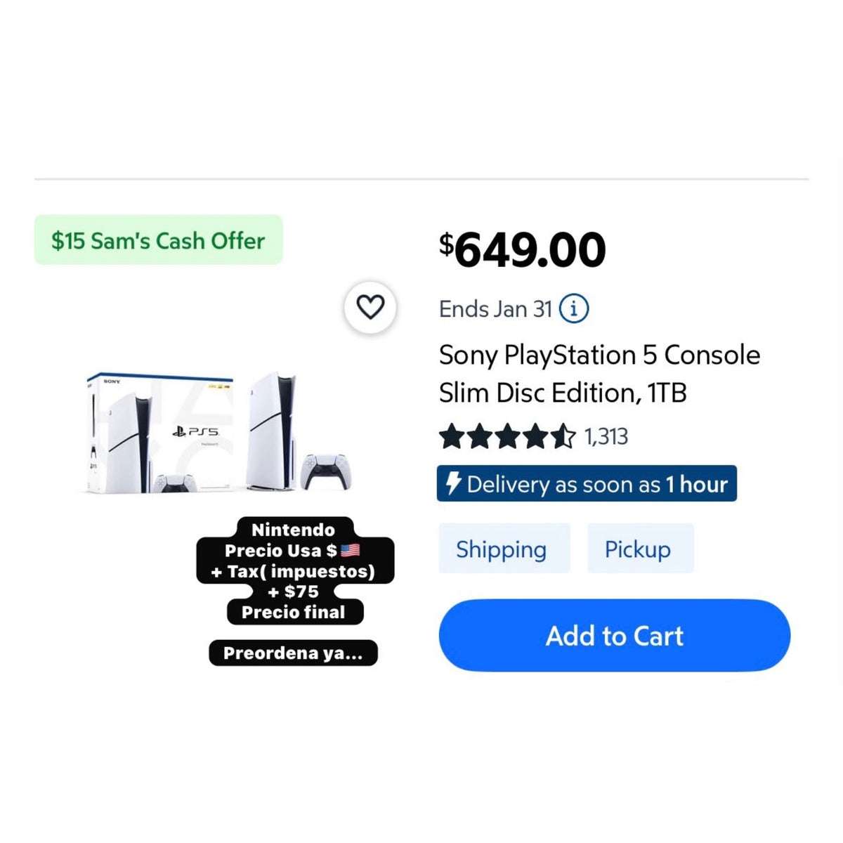 PlayStation 5 Slim Disc Edition - Precio USA + Tax + $75 envío