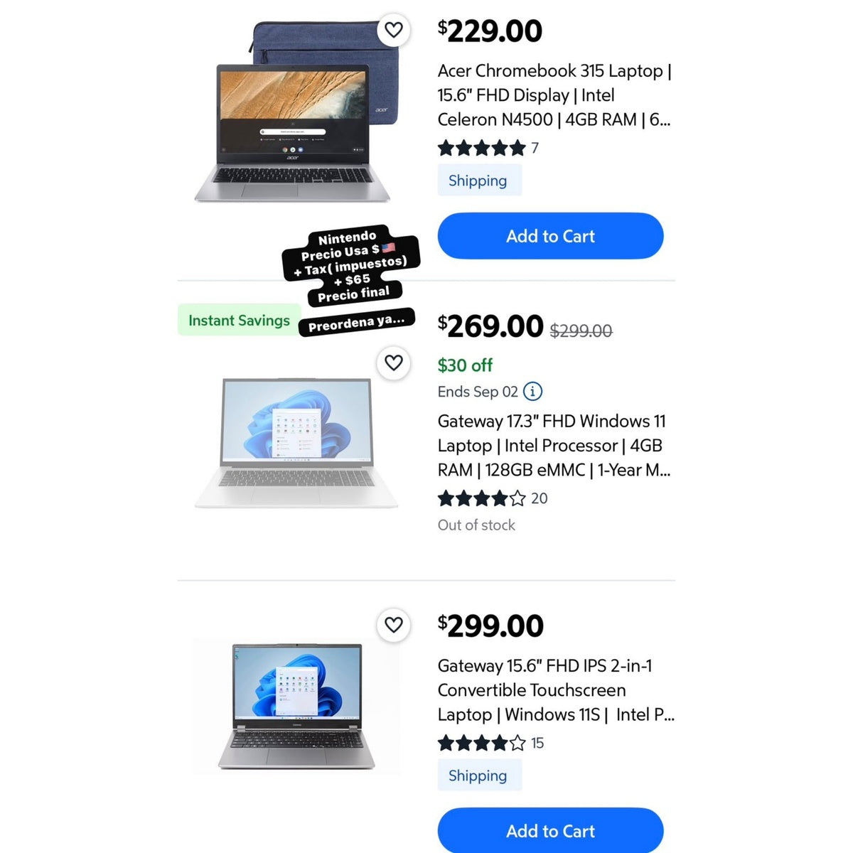 Laptops Acer y Gateway - Precio USA + Tax + $65 envío