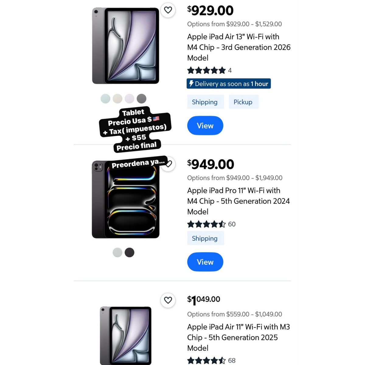 Tablets Apple iPad Air y Pro - Precio USA + Tax + $55 envío