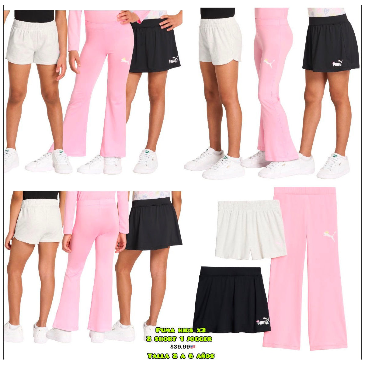 Pack Puma niña x3 - shorts, falda y pantalón rosado - Moi Compras