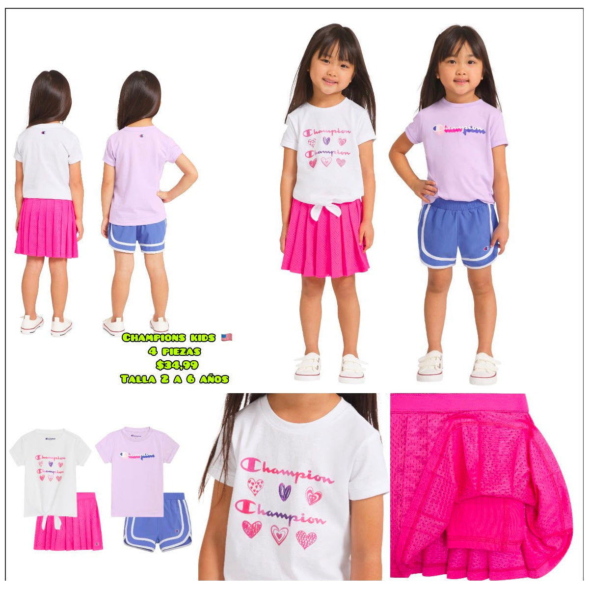 Pack Champion niña x4 con falda y short - Moi Compras
