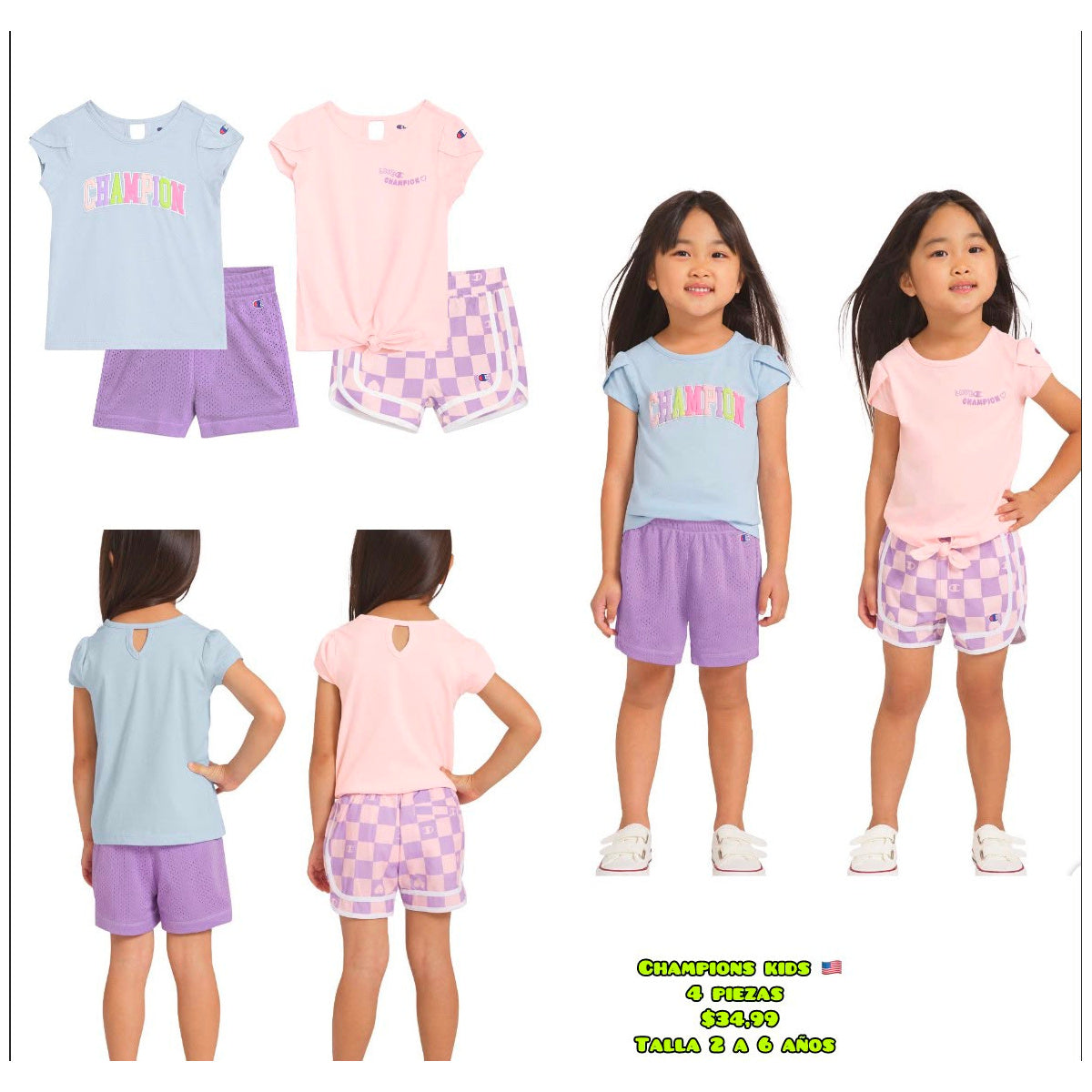 Pack Champion niña x4 con shorts - Moi Compras