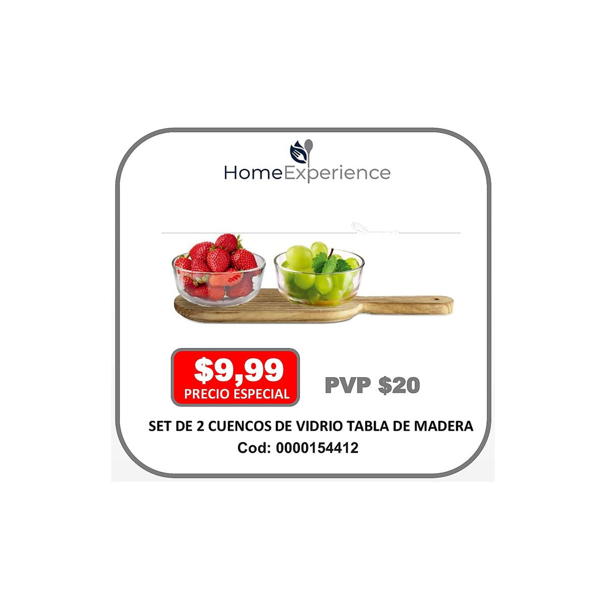 SET DE 2 CUENCOS DE VIDRIO TABLA DE MADERA