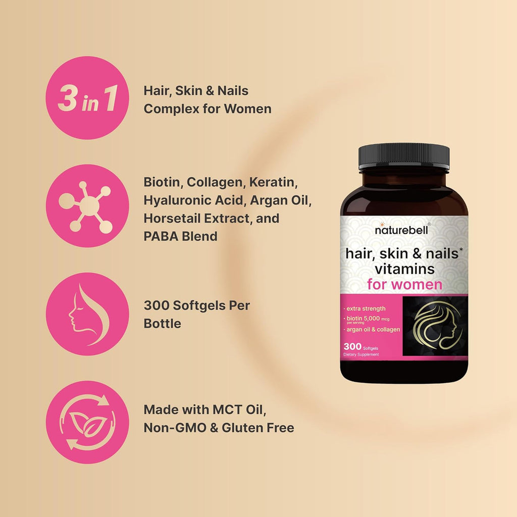 NatureBell Cabello, Piel y Uñas - 300 Cápsulas - 5000 mcg