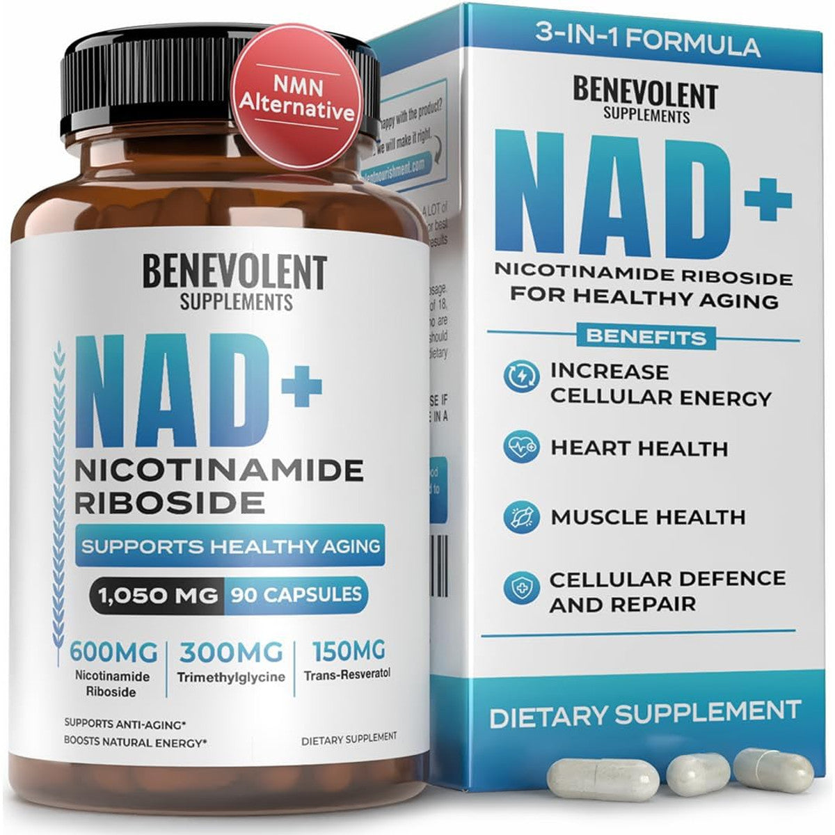 Benevolent NAD+ Suplemento de 1050 mg - 90 cápsulas