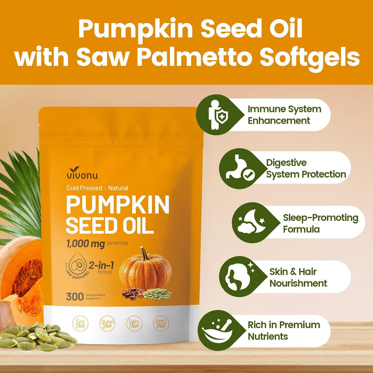 Vivo Nu Aceite de semilla de calabaza con cápsulas de palma enana americana - 300 cápsulas