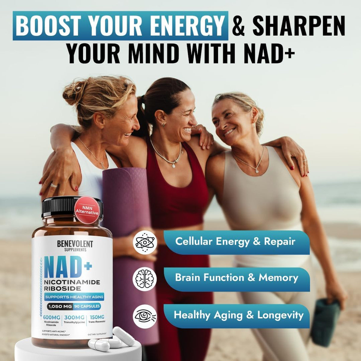 Benevolent NAD+ Suplemento de 1050 mg - 90 cápsulas