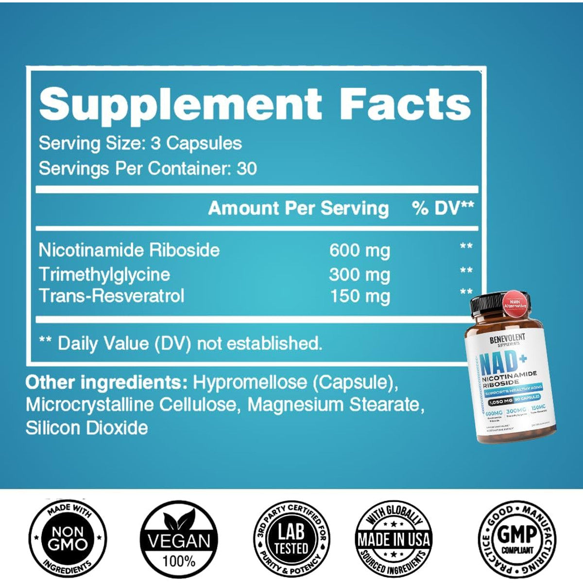 Benevolent NAD+ Suplemento de 1050 mg - 90 cápsulas